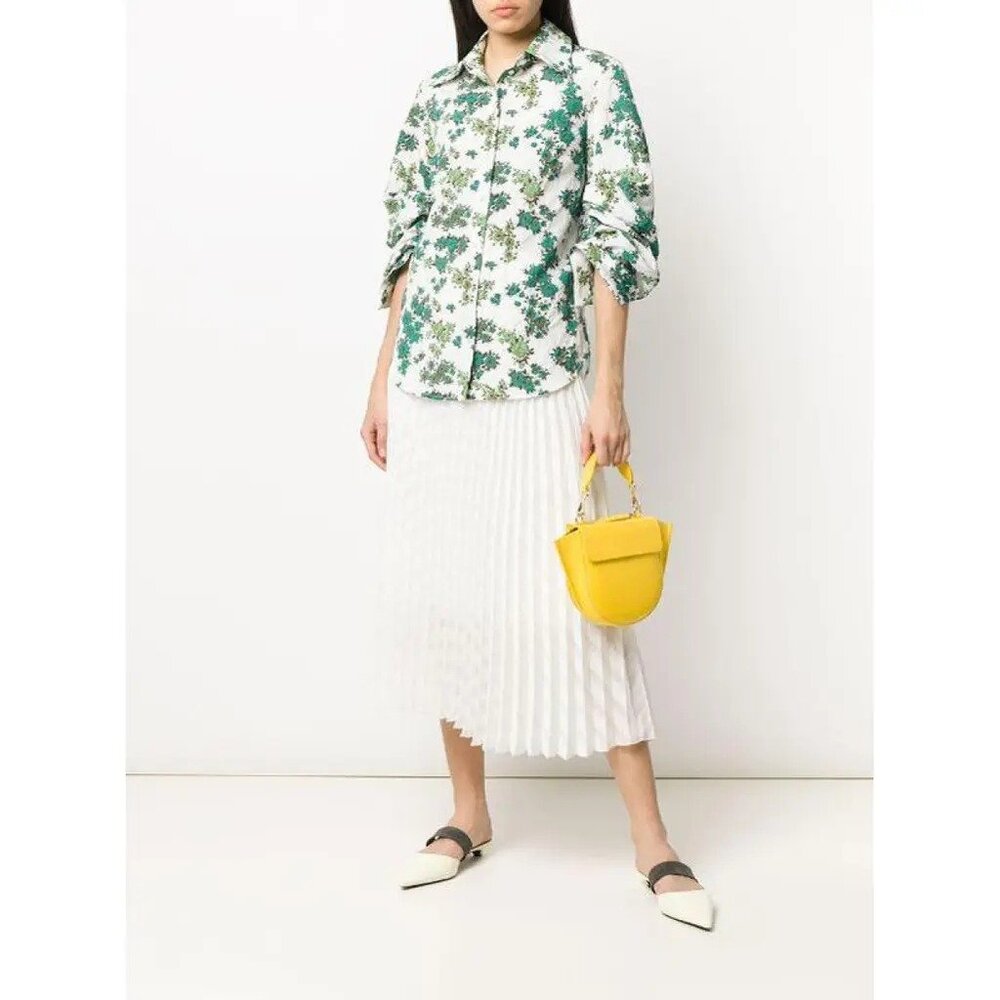 NWT $450 Victoria Victoria Beckham Pleated Floral Button Up Shirt Green Size US